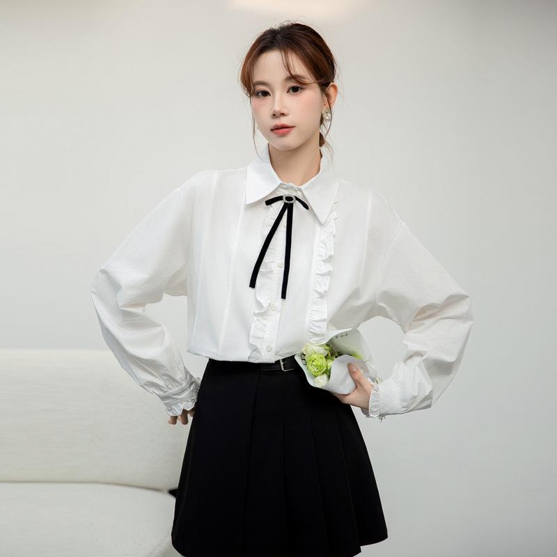 Korean Style Bow Tie White Shirt - Women's Spring 2026 Long Sleeve Top