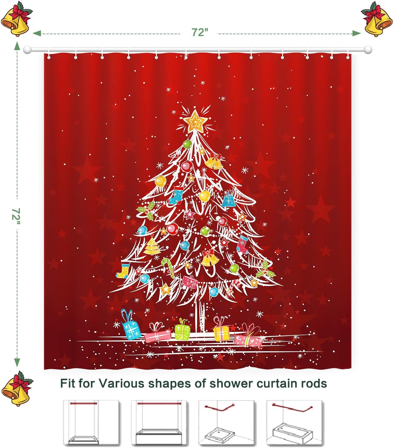 

Shower Curtain Christmas, Holiday Shower Curtain Red Christmas Tree Candy Cane Stocking Jingle Bells Bulb Winter Shower Curtain W60H190(CM)-1 Pcs