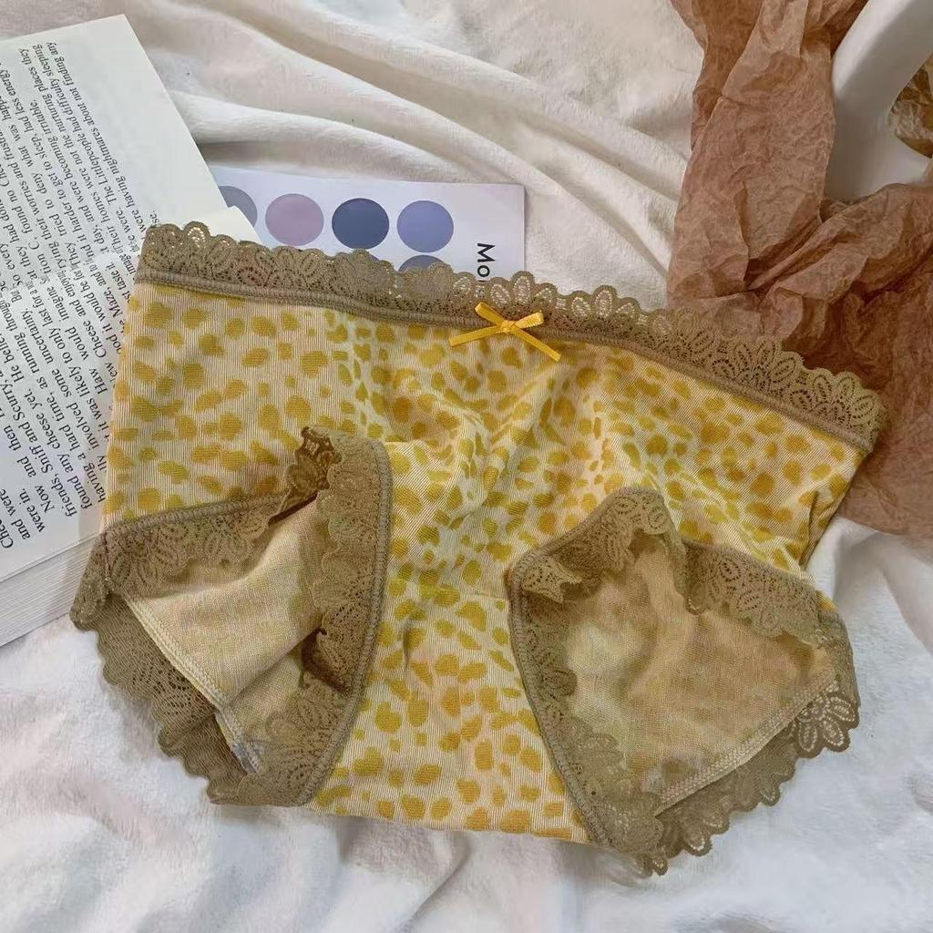 Pure Cotton Women's Leopard Print Lace Bow Mid-Waist Panties - Breathable Triangle Underwear 2025