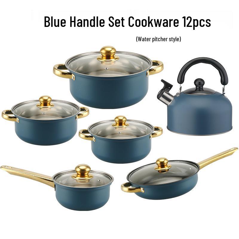 Stainless Steel Non-stick Cookware Set with Gold Handles, 12 PCS - Includes Soup Pot, Frying Pan, Steamer Basket.