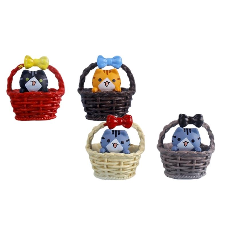 

Set of 4 Cats in Basket Miniature Figurine Plastic Kitten Ornaments with Nonslip Base Home Office Desktop Decors