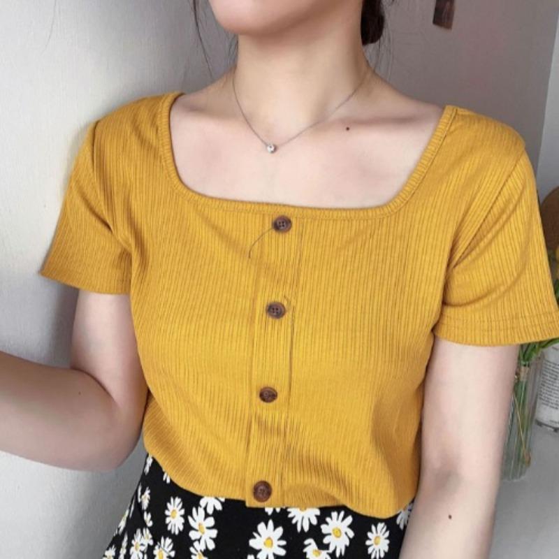 Retro Summer Slim Short Section Square Neck Knit Shirt Short-sleeved T-shirt Female Yankee Heart Machine Exposed Collarbone Tops Casual Pullovers Tees