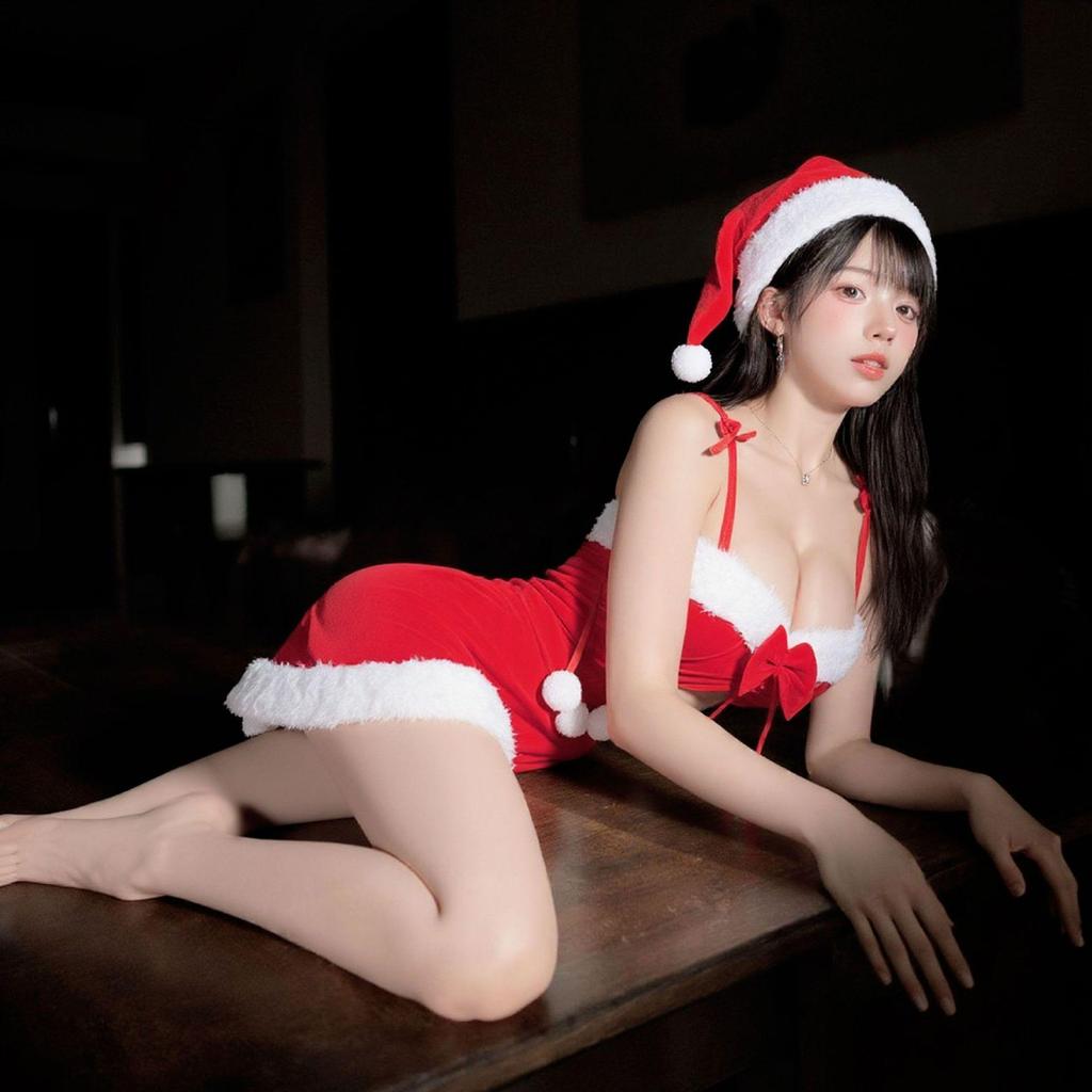 Velvet Christmas Lingerie Nightgown with Role Play Robe Set