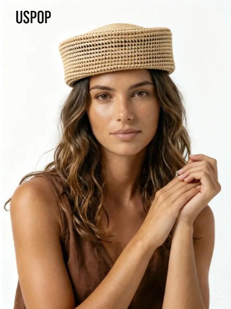 Garden Supplies My Women's Natural Uspop Raffia Pillbox Hat Handwoven Hollow Out Round Top Beret British Vintage Elegant Summer Straw Cap 56-58Cm