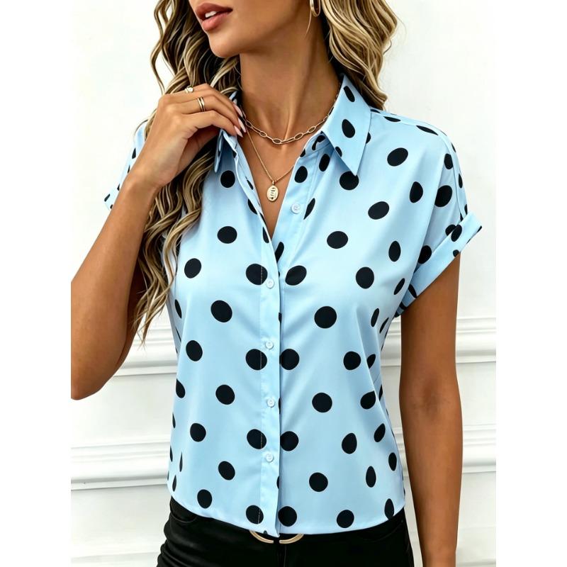 Women Polka Dot Lapel Roll Up Short Sleeve Button Down Casual Loose Blouse Shirt