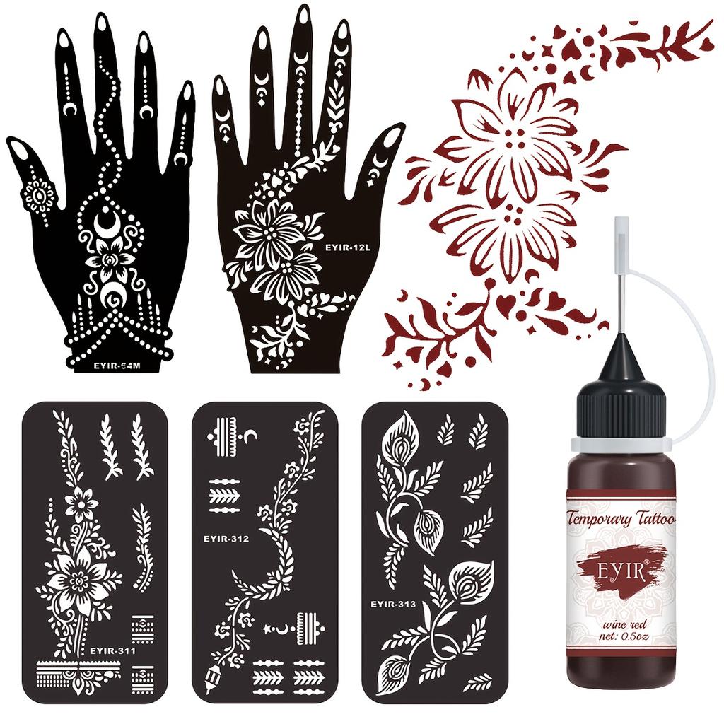 Henna Tattoo Kit 5 Sets Mandala Stencils with Wine Red Tattoo Paste Temporary Body Art DIY Reusable Templates Mehndi