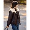 XINFEIYU Women's Winter Faux Lamb Wool Lined PU Leather Lapel Coat