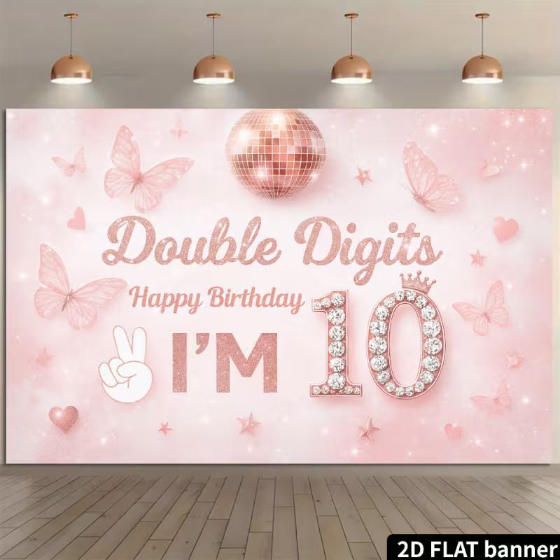 

2D Flat Print Rose Gold 10th Birthday Banner with Diamond Number 10 & Crown 47.2x31.5inch/120*80cm