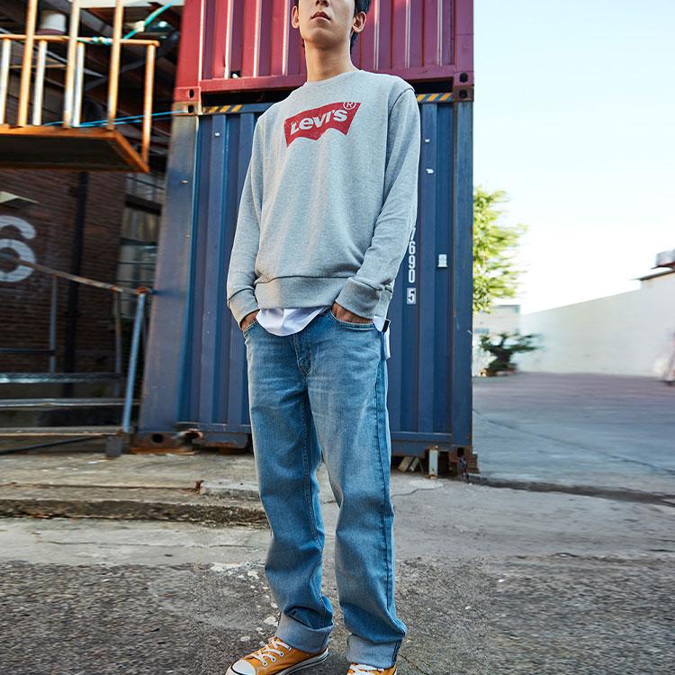 Levis Letter Print Crew Neck Casual Long Sleeve Loose Sweatshirt Men Sweatshirt Gray 19492-0026