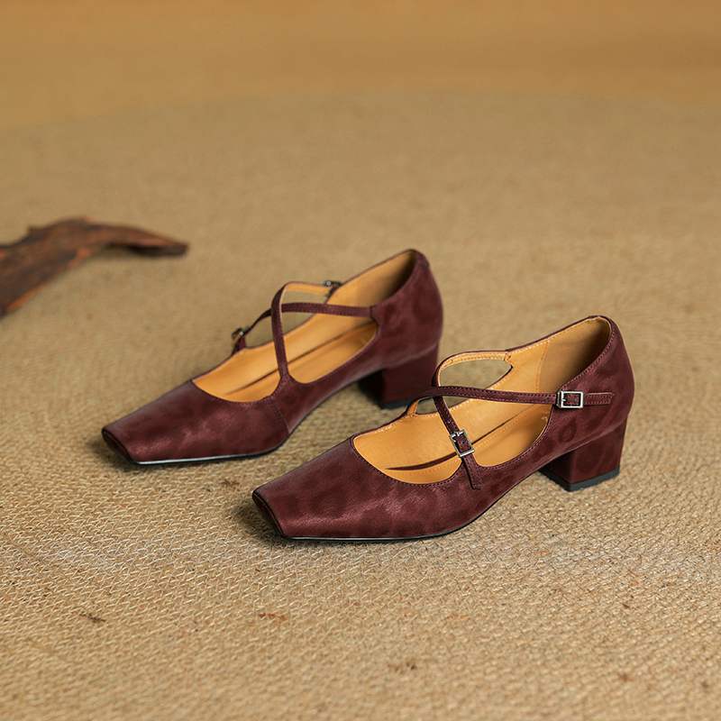 Krazing Pot Full Grain Leather Fashion Spring Autumn Med Heels Women Square Toe Buckle Straps Shoes Leopard Shallow Pumps
