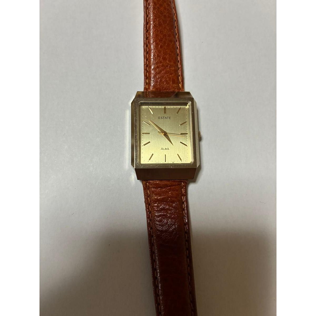 SEIKO ALBA ESTATE Quartz Watch Gold Square Brown Belt Ladies