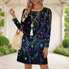 Women Plus Size Round Neck Long Sleeve Black Printed A Line Dress