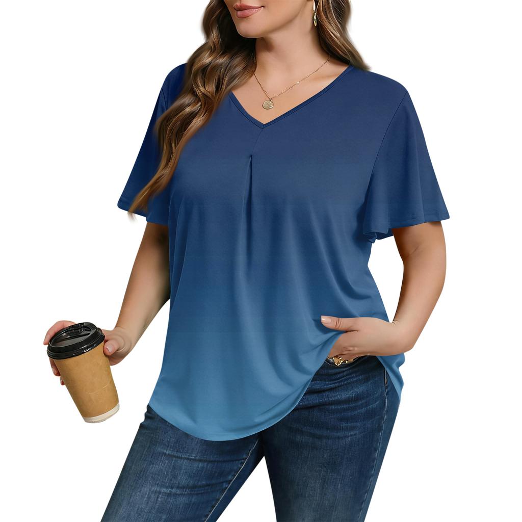 Damska Modna Codzienna Luźna Bluzka Plus Size z Krótkim Rękawem Elegancka z Dekoltem V Do Pracy