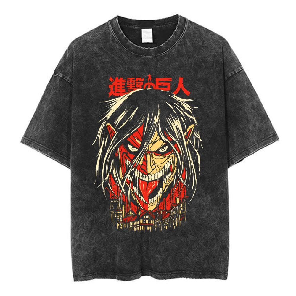 Anime Attack on Titan Washed T Shirt Men Cotton Casual Short Sleeve T-shirt Manga Levi Ackerman Oversized T-shirts Streetwear