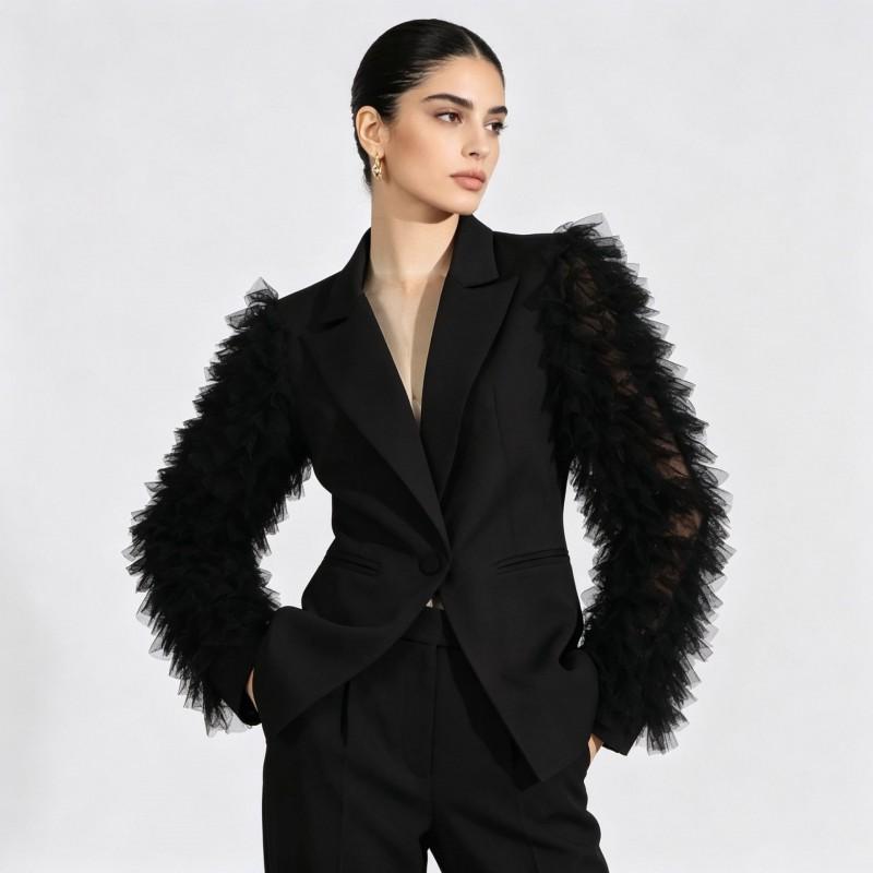 Elegant Womens Tailored Blazer 2026 With Mesh Panel Long Sleeve Slim Fit Office Wear