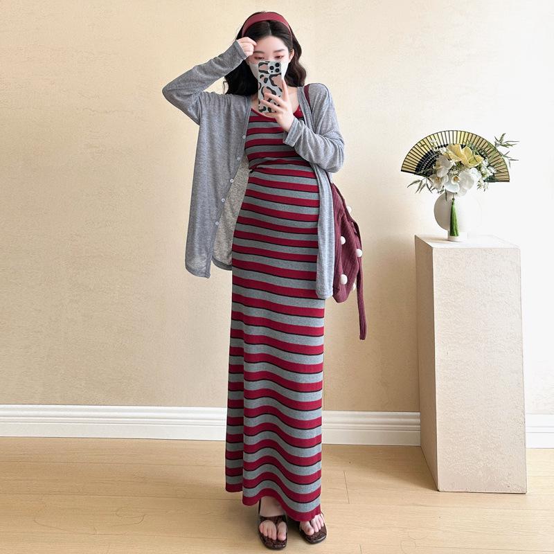 

Summer 2026 Maternity Striped Knit Camisole Dress & Cardigan Set - Elegant, Belly-Covering, Age-Reducing. 2XL