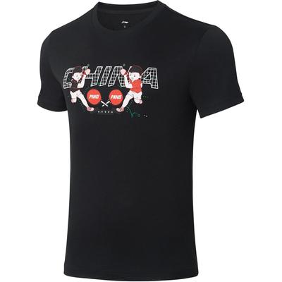 T-shirt à manches courtes et col rond avec imprimé graphique de personnage uni Li Ning pour homme, hauts, noir AHSSB69-1