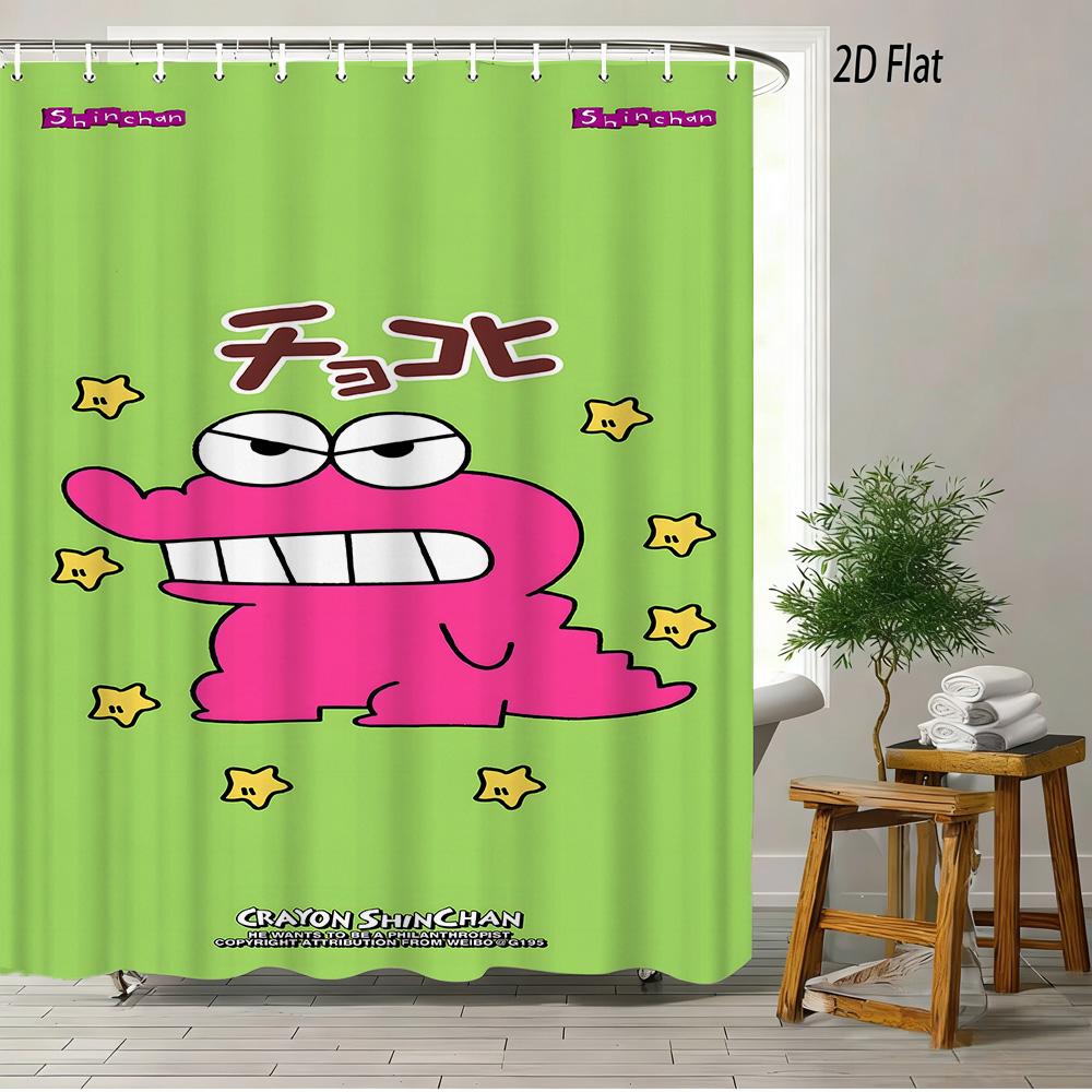 Crayon Shin-Chan Ufo & Shiro 2D Print Waterproof Shower Curtain, Green Anime Bathroom Decor With Hooks