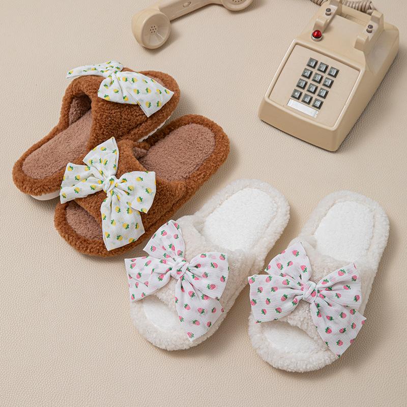 Polka Dot Bow Open Cotton Slippers Ins Fluffy Slippers Less Contrasting Plush Slippers
