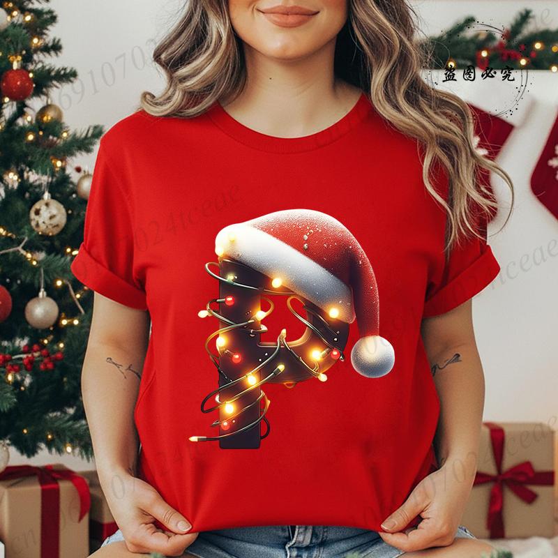 Women's Casual T-Shirt Christmas-lights-wrapped-letter Graphic Tshirt Christmas Design Round Neck Short Sleeve Tee Shirt Clothes