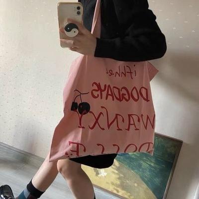 Bolsa de ombro rosa floral com letras estilo despojado para meninas escolares bolsa de lona de grande capacidade bolsa tote versátil