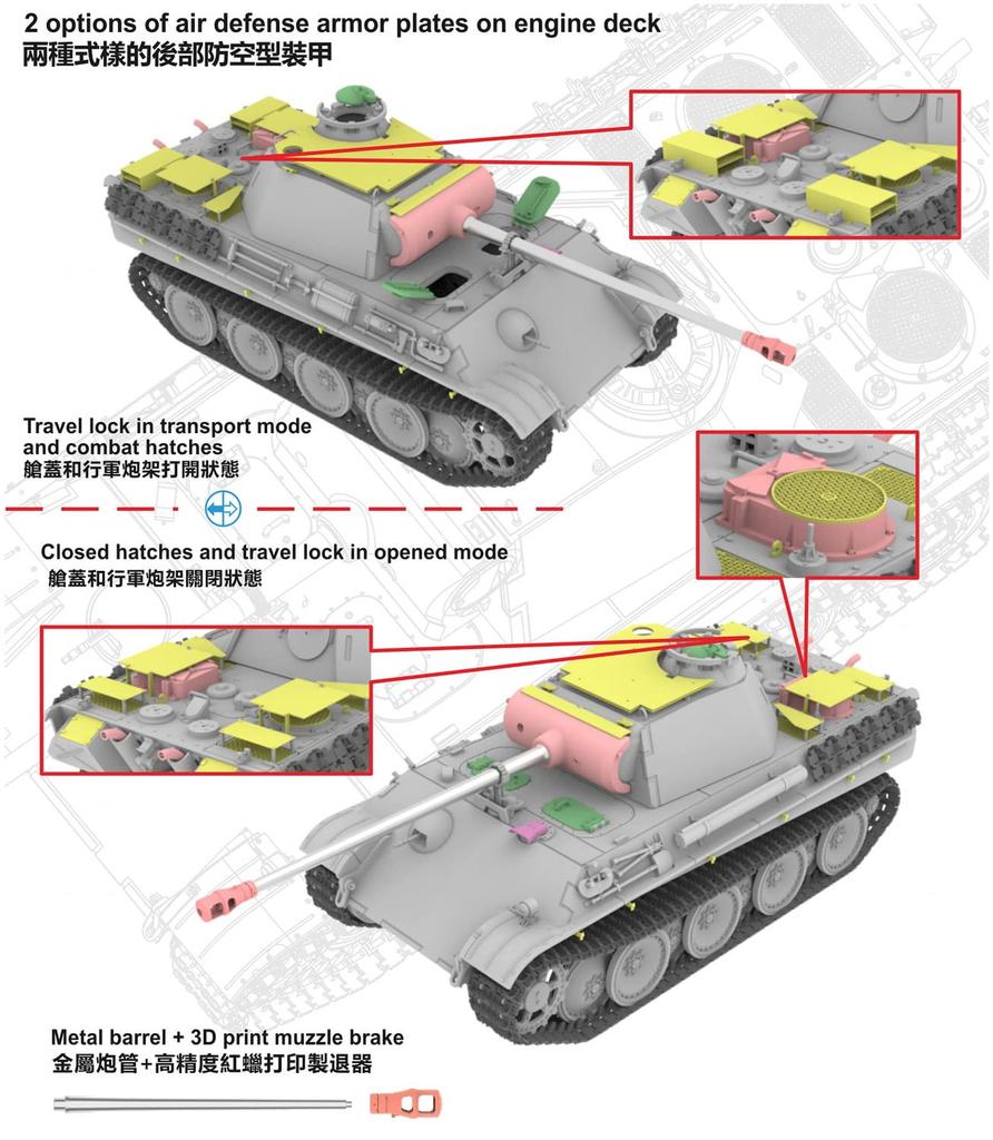Vespid Modell 1/72 Deutscher Panther Ausf. G-Typ mit Stahlrädern und Flugabwehrpanzerung, 2-in-1 Kunststoffmodellbausatz VPM720009