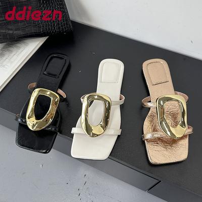 Mode Sommer Strand Damen Pantoletten Sandalen Schuhe für Frauen Flip Flops Mode Metall Damen Ballerinas Pantoletten Schuhe Große Größe 43