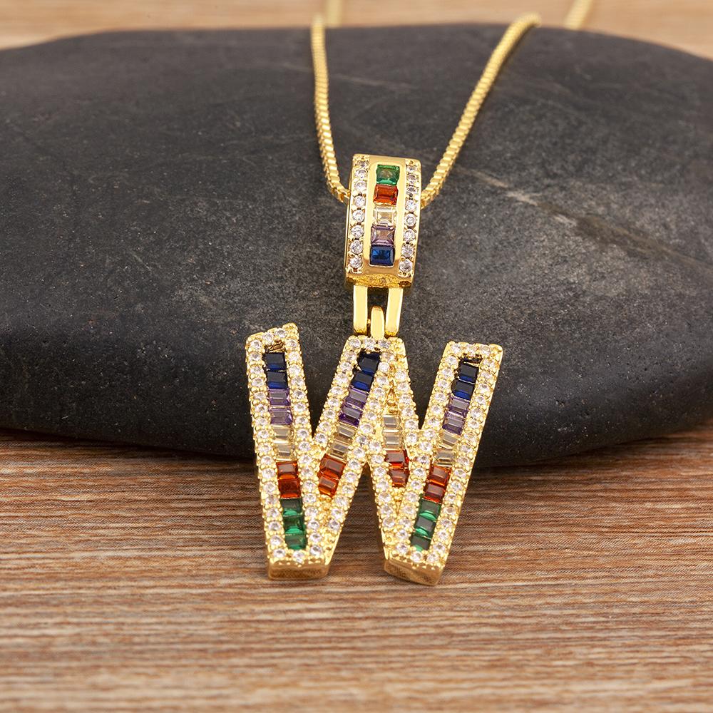 Nidin Simple Fashion 26 A-Z Letters Alphabet Rainbow Cubic Zirconia Pendant Necklace For Women Men Hip-Hop Style Copper Jewelry