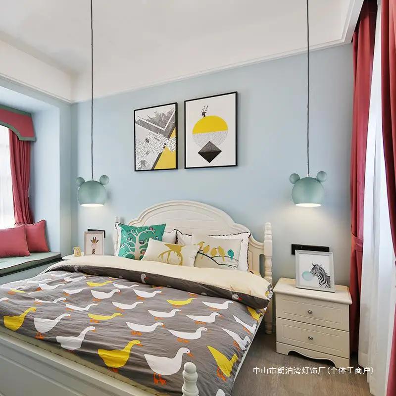 Nordic Color Macaron Mickey Chandelier Bedroom Candle Bedside Lamp Children's Clothing Toy Store Cartoon Iron Art Pendant Lights