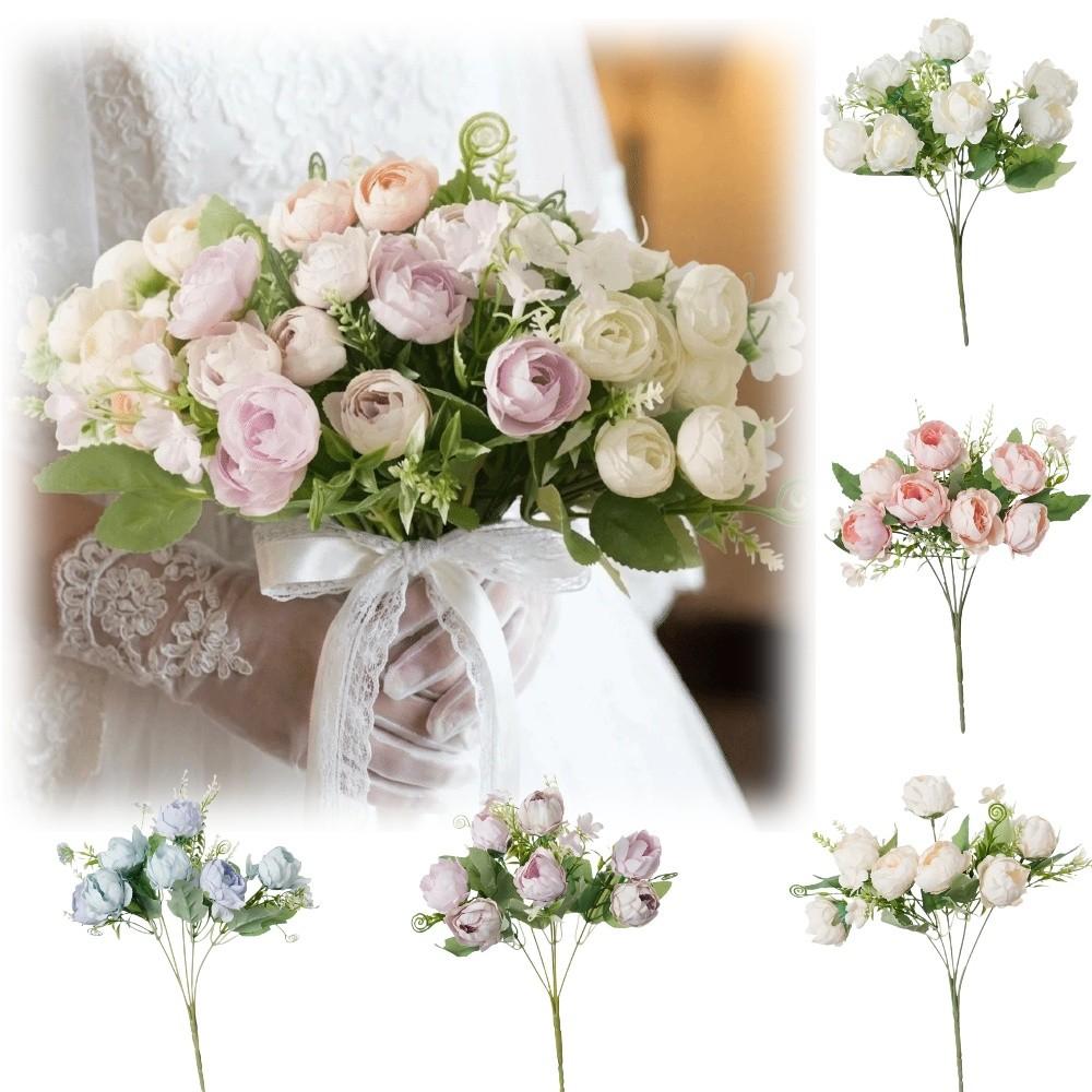7 Peony Buds Artifiical Flower Branch 30cm Height Flexible Stems Roses Fake Flower with Green Leaves Wedding Bouquet