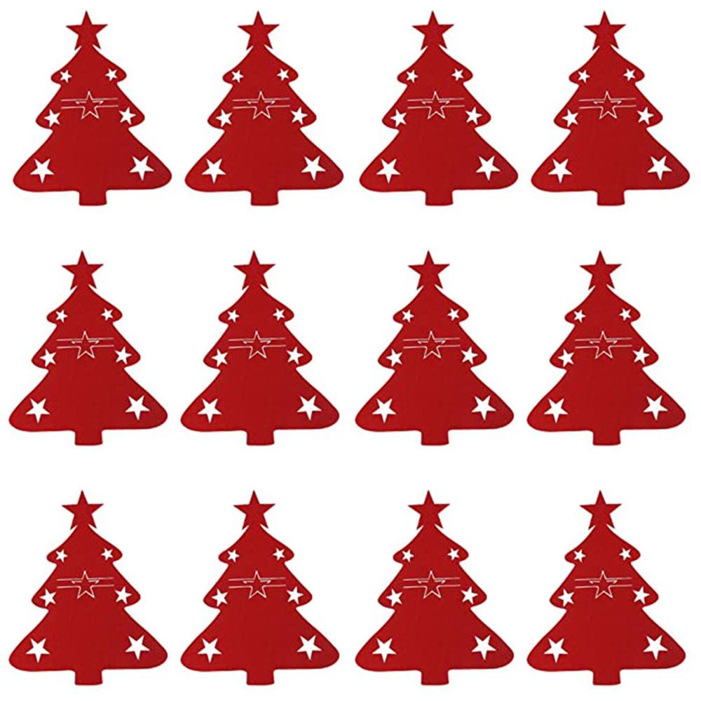 12pcs Christmas Cutlery Holders, Christmas Tree Shaped Felt Spoon and Fork Holder, Xmas New Year Thanksgiving Dining Decoration