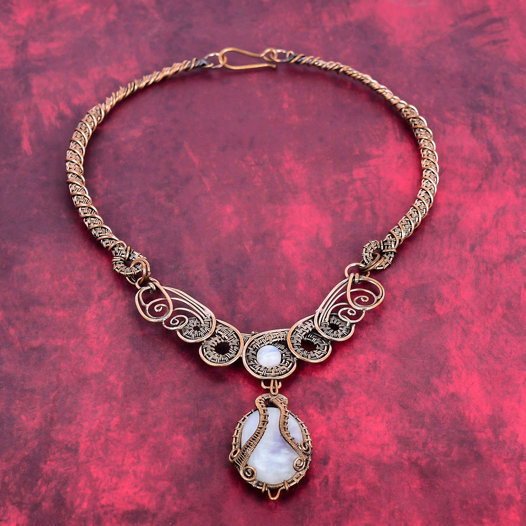 Rainbow moonstone necklace copper wire wrapped necklace handmade necklace wire wrap gemstone jewelry gifts for wife designer copper jewelry