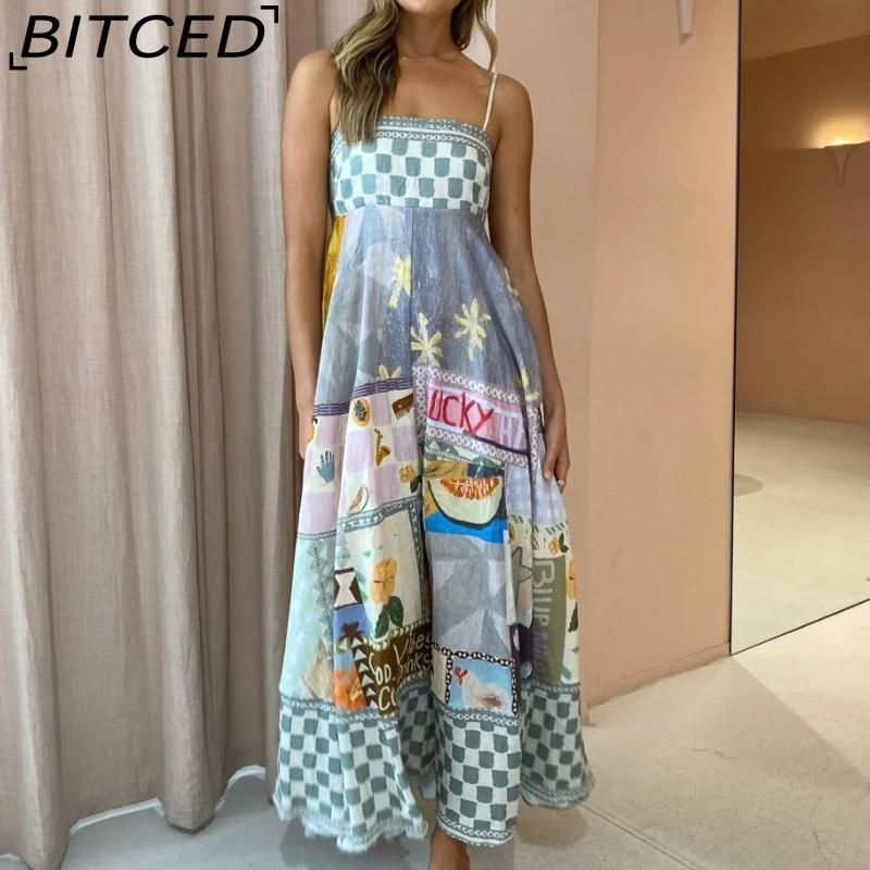 BITCED Spring/Summer Casual Maxi Dress for Women Spaghetti Strap Printed Linen 9 Colors Full-Skirted Dress