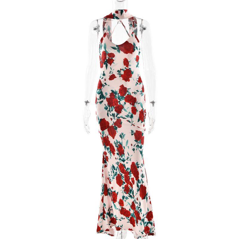 

Transitional Sexy European and American New Fashion Deep V Print Slim fit Fishtail Skirt Sexy Backless Sling Formal Dress Dress White L