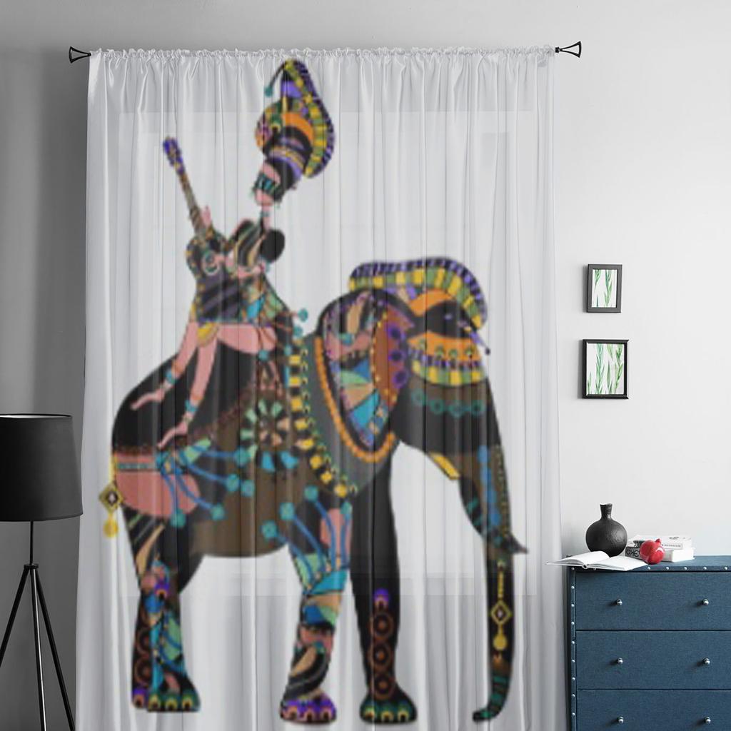 Kvinna som sitter på ryggen av en elefant i etnisk stil Skira gardiner Vardagsrum Tyll Fönstergardin Sovrum Kök Draperier