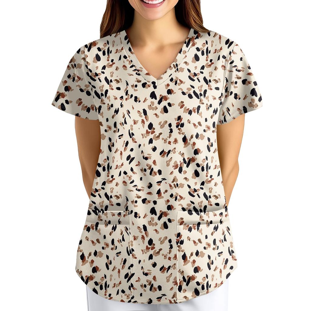 Nadměrná velikost Potištěný pracovní oděv Halenky pro dámský překřížený výstřih do V Potisk Krátký rukáv Zábavná trička Pracovní oděv Tričko s kapsami