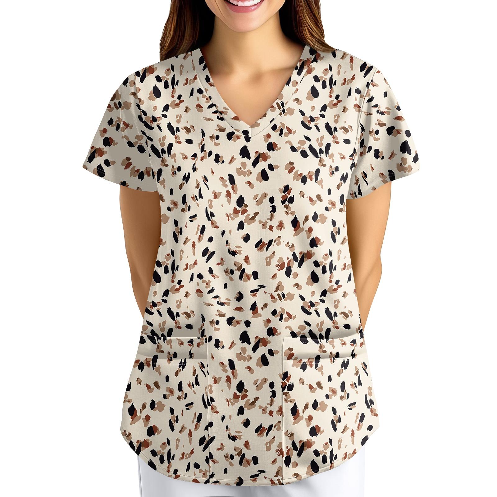 

Большой размер Принтованный скраб Рабочая униформа Топы для женских V-образный вырез с запахом Принт Короткий рукав Веселые футболки Рабочая одежда Футболка с карманами XXXXXL жёлтый