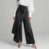 Calças Jeans Femininas de Cintura Média Wide Leg Corte Reto Ruffle Assimétrico Botão Jeans Casual