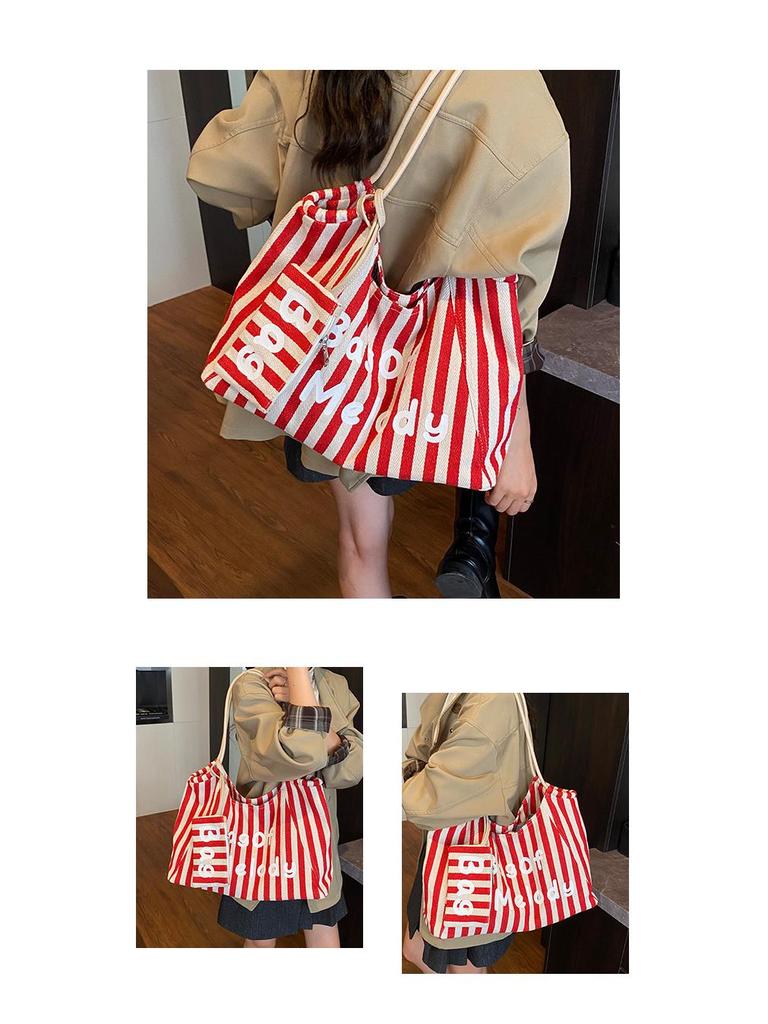 Canvas Striped Tote Bag - Women's College Style Handbag & Shoulder Bag