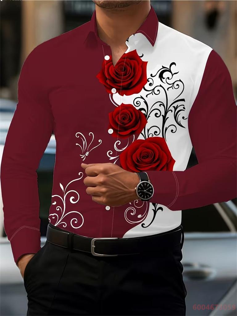 2026 Men's Fashion Red Rose Print Long-Sleeve Shirt, Stylish Casual Design, Spring/Autumn Casual Shirt