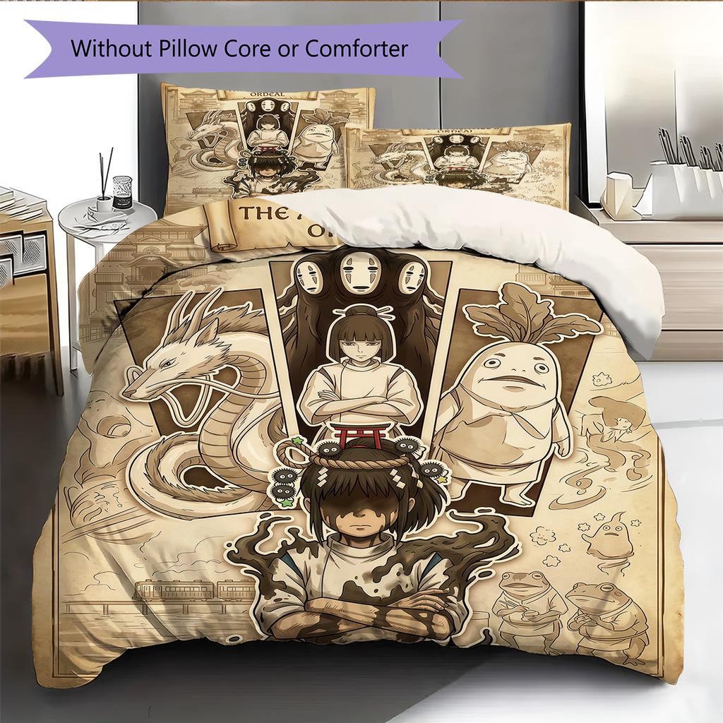 Retro Spirited Away Pattern Bedding Quilt Set Home Decoration Gift (1 * Duvet Cover + 2 * Pillowcase Without Core)