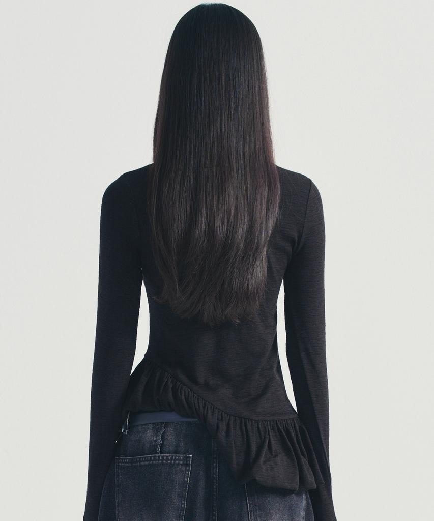 Nigaennikol Ruffle Label Long Sleeve Top_Black