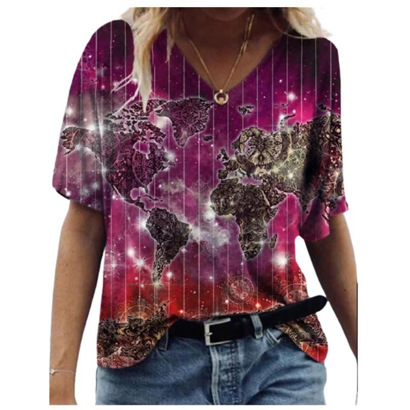 Women's Map Trend Printed Fashion V-neck Short Sleeved T-shirt
