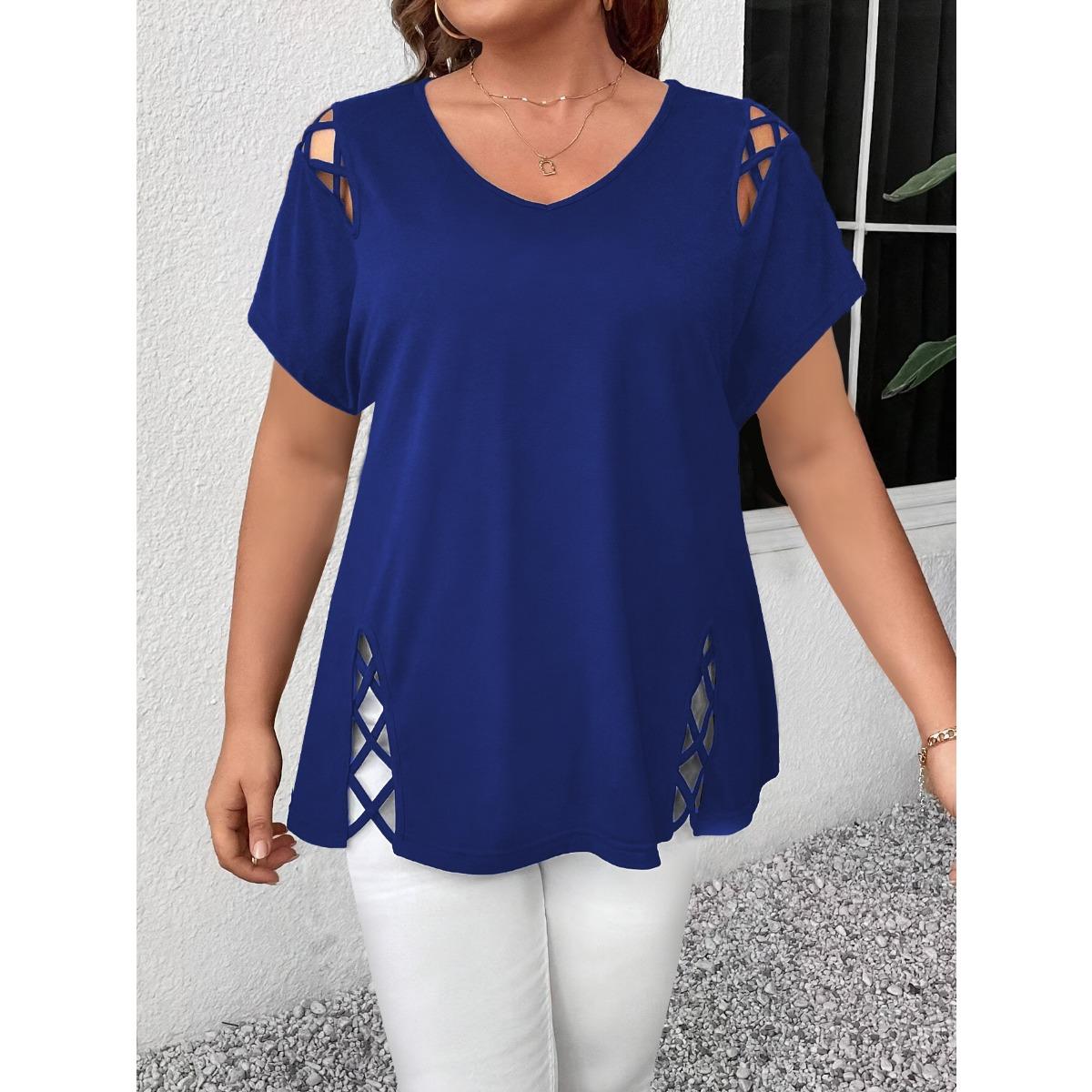 

Однотонный короткий рукав с перекрестными бретелями модные элегантные женские топы больших размеров футболка 2XL синий