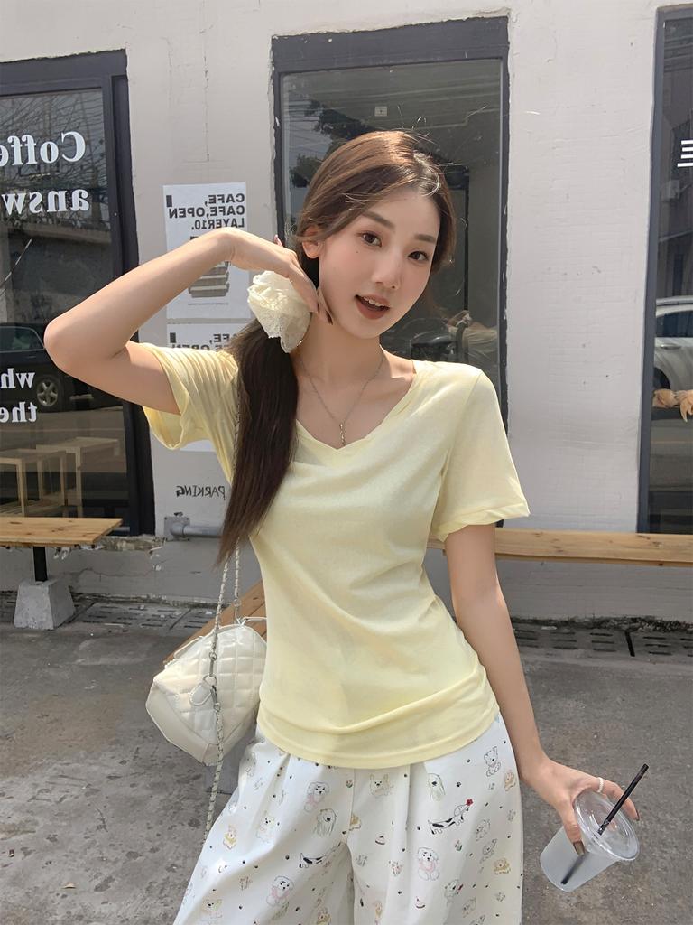White V-neck front shoulder design pleated short-sleeved T-shirt women's summer new loose and thin lazy style top