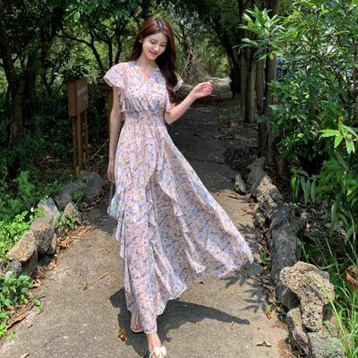 Summer French Style Sweet Tight Waist Chiffon Long Dress Holiday Style First Love Fairy Ruffled Printed Dress