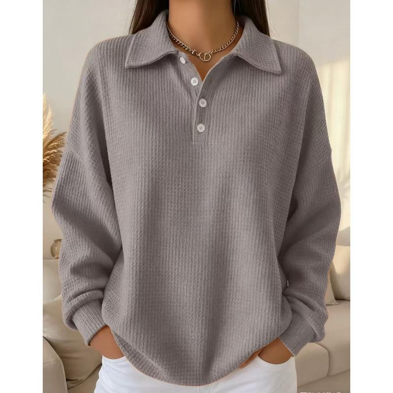 Spot 2025 Autumn and Winter New Loose Solid Color Lapel Polo Shirt Waffle Long-sleeved Women's Top