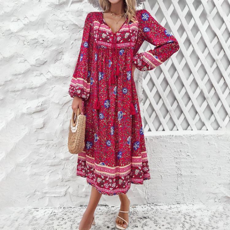 Spring Summer Casual Vacation Women Printed Long Sleeved Dress