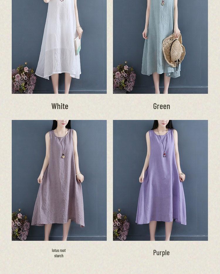 202 Artistic Sleeveless Cotton Linen Double-Layer Summer Dress