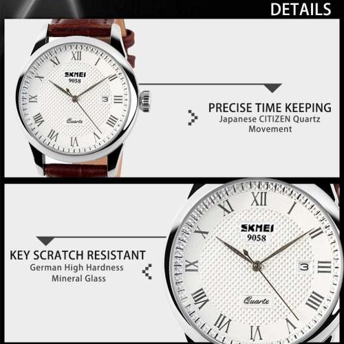 Roman Numeral Business Casual Fashion Analog Watch Classic Men's Quartz Watch with Calendar Date Window, 30M Water Resistant Comfortable PU Leather Wa